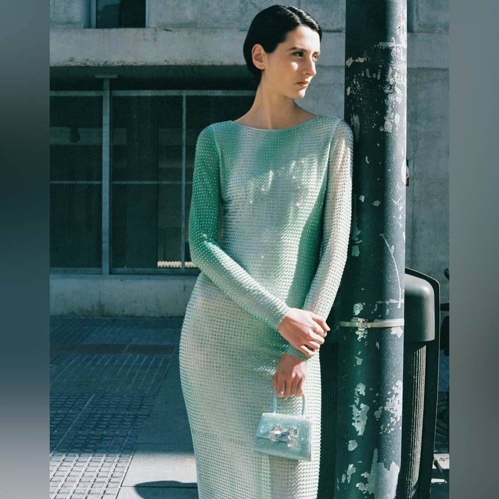 SELF-PORTRAIT Mint Green Crystal Embellished Mesh Midi Dress Size 8 NWT - Picture 3 of 10